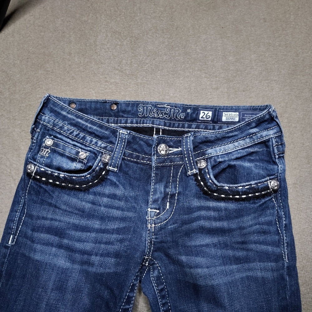 Miss Me Low Rise Crystal Skinny Jeans Womens 26 Blue Embellished Sequin - Picture 3 of 9